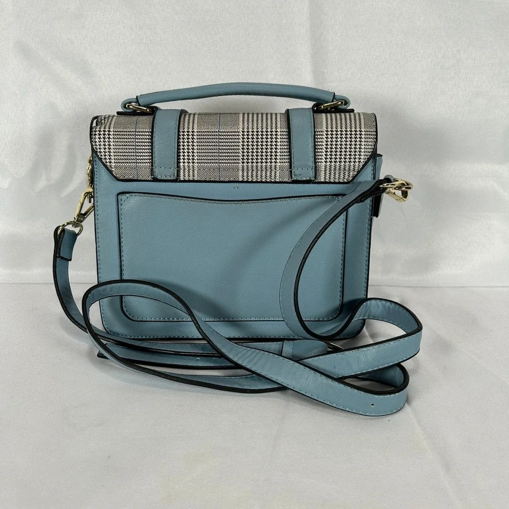 Michael Kors Glen Plaid Satchel Crossbody Bag Light Blue Gold W/Handle & Strap